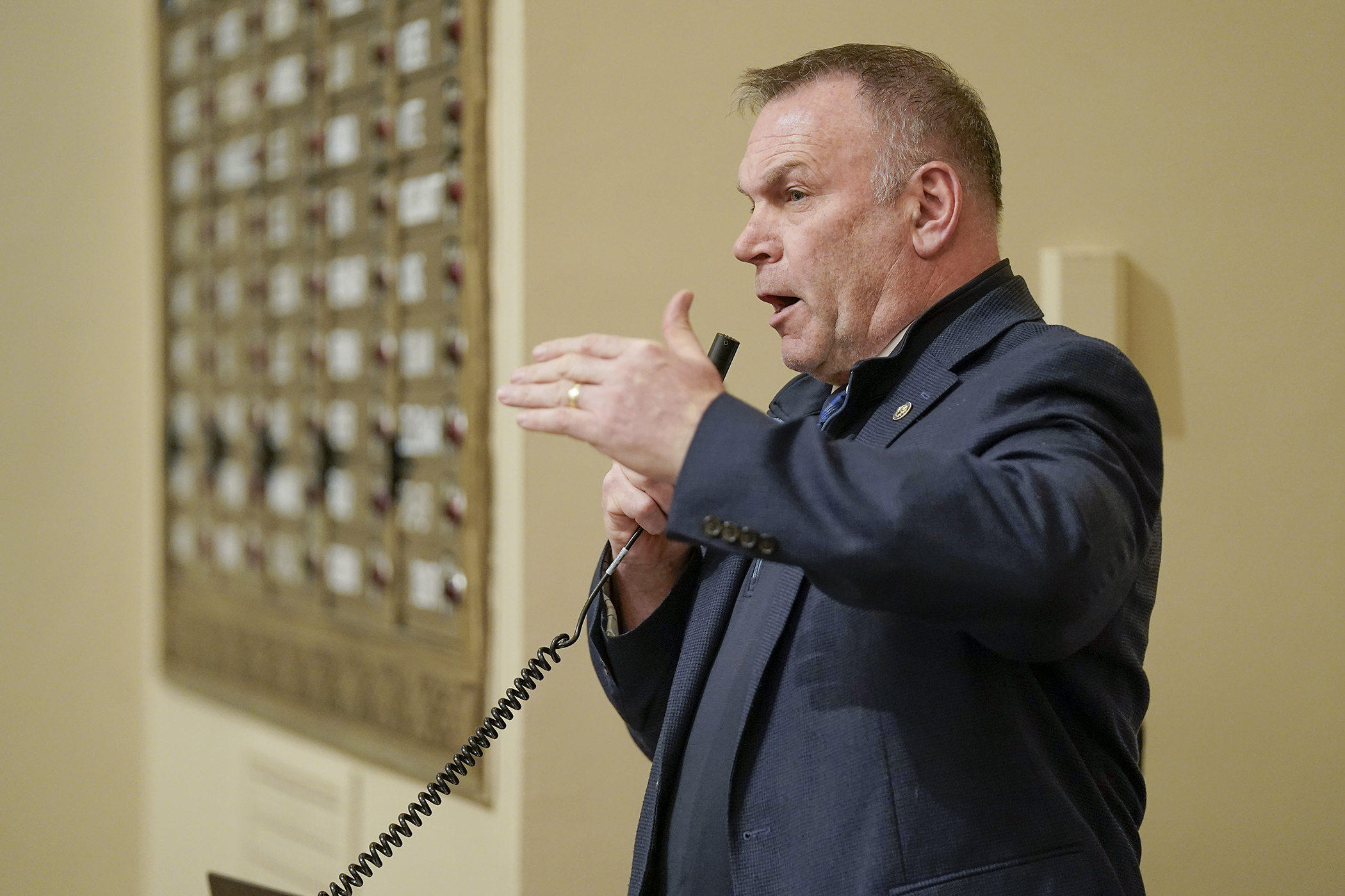 Rep. Dave Baker introduces HF11 on the House Floor during a March 10 session. The bill would delay the implementation of the Minnesota Paid Leave Law by one year. (Photo by Michele Jokinen)